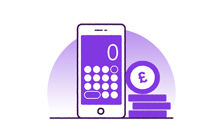 Blue illustration of an envelope and coins